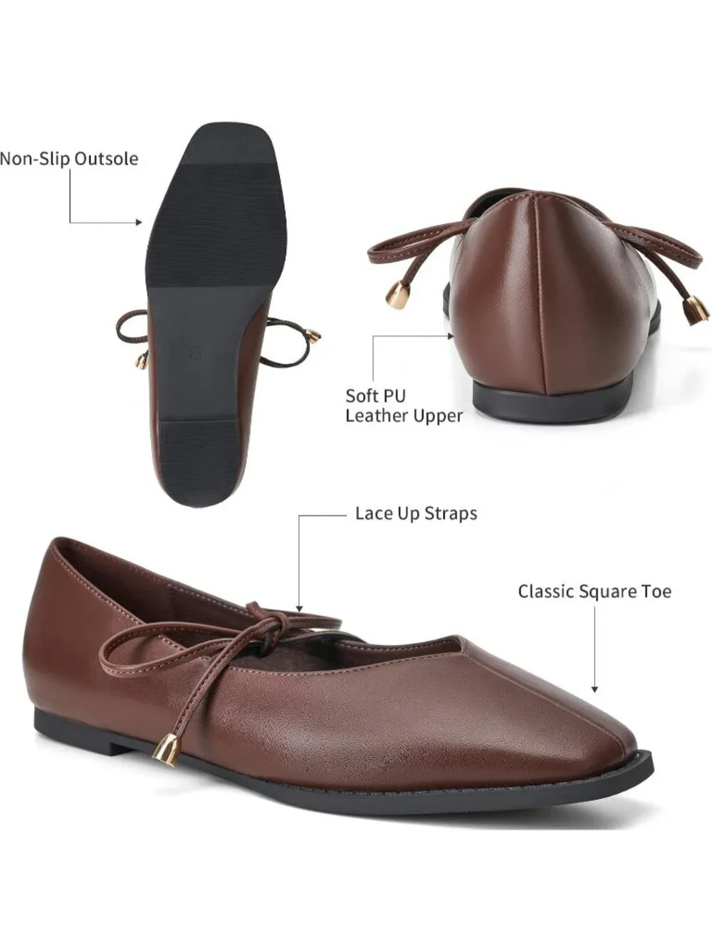 Women's Dark Brown Mary Jane Ballet Flats Square Toe Bow Comfort Dress Shoes